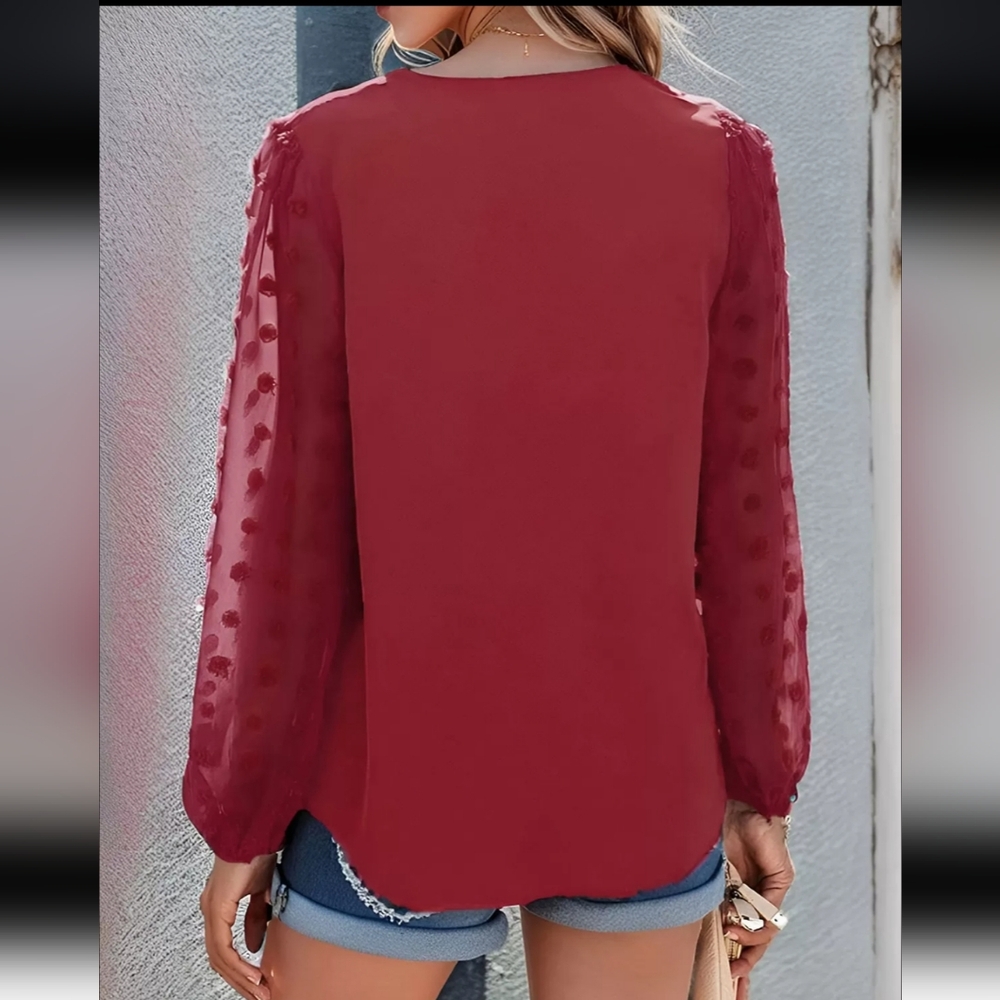 ❤️Elegant Red Blouse with Sheer Swiss Dot Sleeves 🌺Offers Welcome🌺 - Picture 5 of 9
